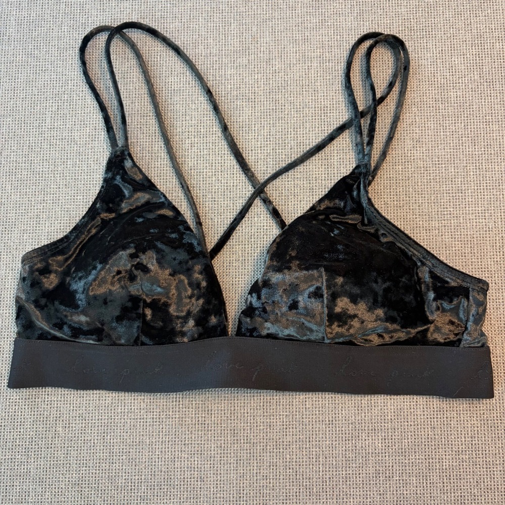 PINK Victoria's Secret Black Crushed Velvet Strappy Bralette Gothic Y2K Women L